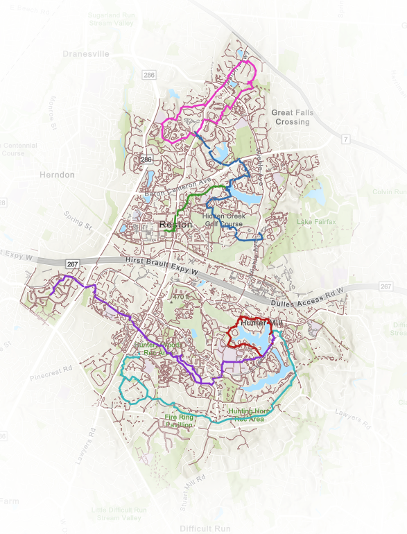 Map of Reston showing all six named Reston Association trails in their marker colors
