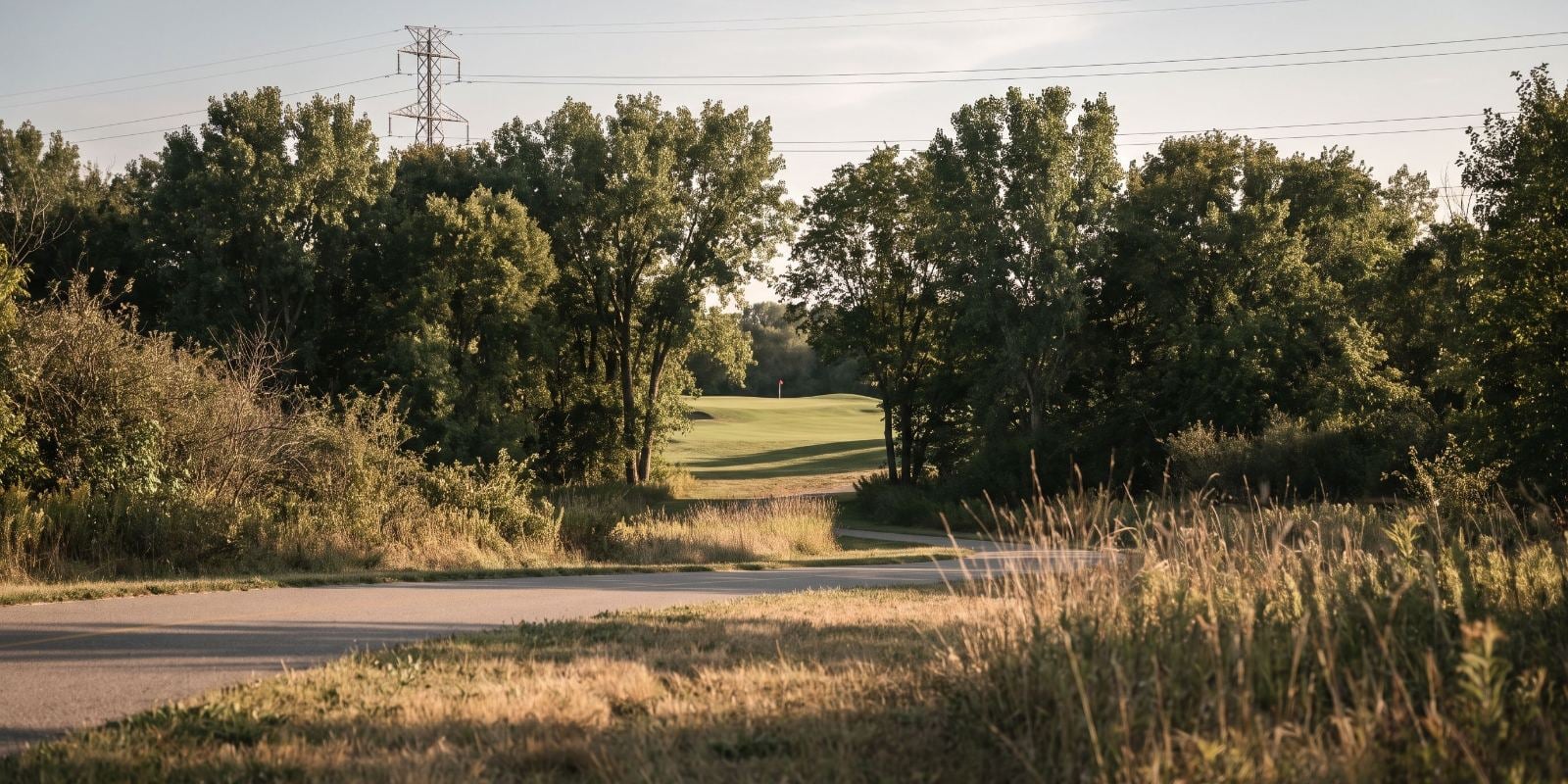 A gap in the tree line along the W&OD Trail opens onto a golf course fairway in late afternoon light, with transmission lines overhead