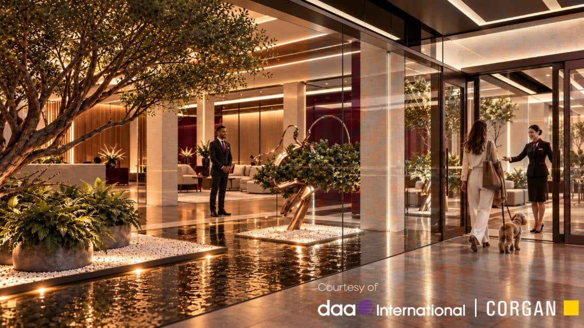 Conceptual rendering of the lobby entrance of the planned VIP terminal at Washington Dulles International Airport, with a reflecting pool and sculpture