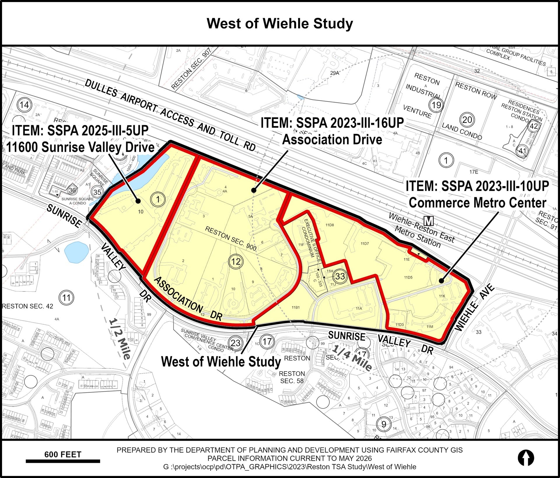 Fairfax County map of the West of Wiehle Study area in Reston, showing Commerce Metro Center, Association Drive and 11600 Sunrise Valley Drive between Wiehle Avenue and Roland Clarke Place