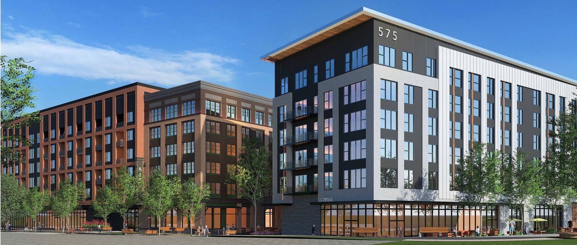 Rendering of the approved seven-story apartment building at 575 Herndon Parkway next to the Herndon Metro station, with ground-floor retail