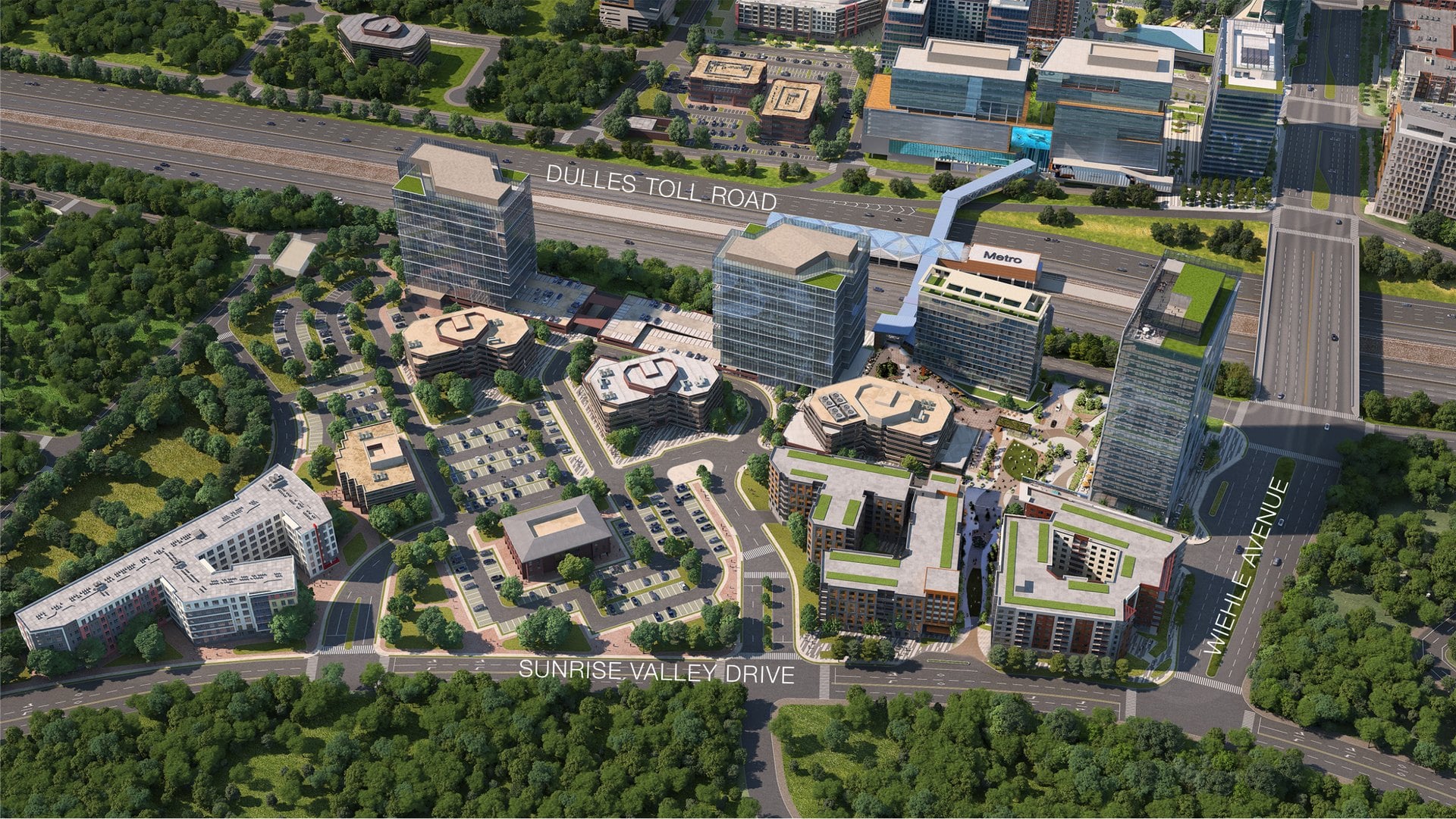 Aerial rendering of the proposed Commerce Metro Center redevelopment at Wiehle Avenue and Sunrise Valley Drive next to the Wiehle-Reston East Metro station in Reston, VA