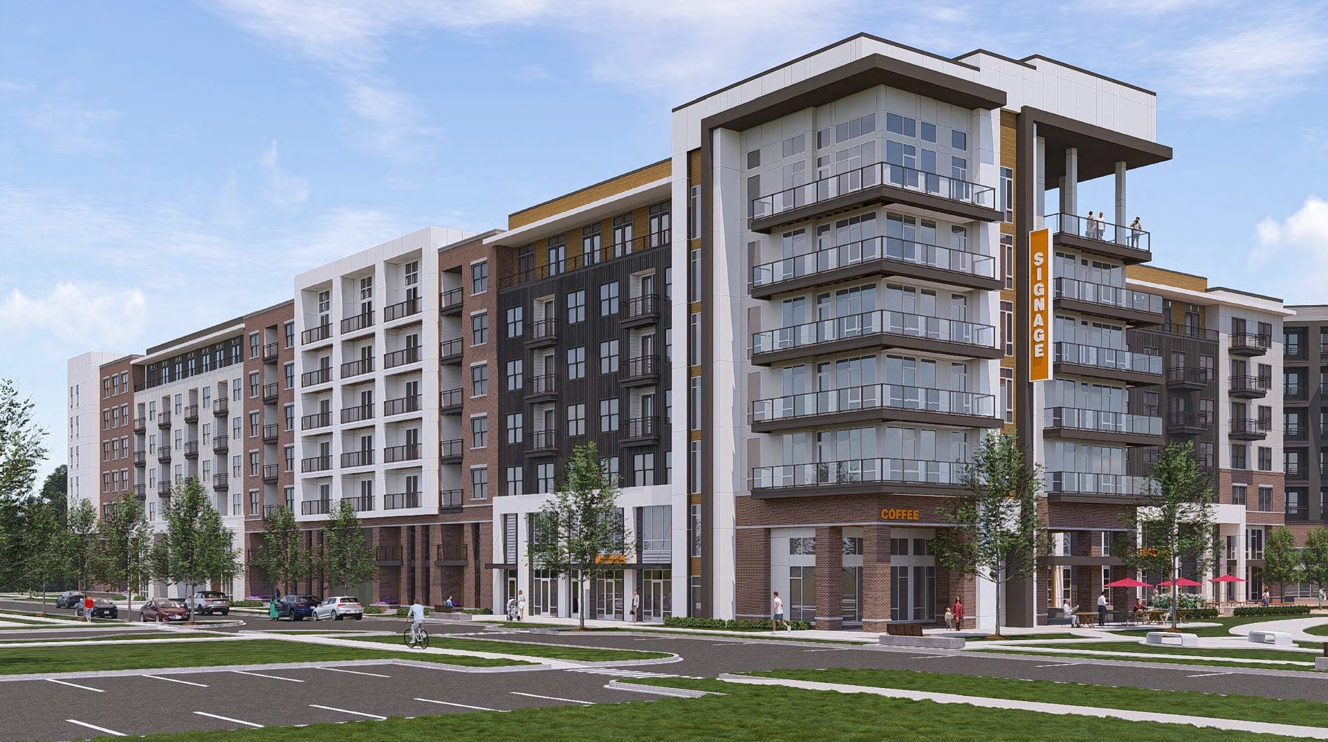 Rendering of the proposed seven-story multifamily building at Business Center Drive in EYA's Lake Fairfax Business Center plan, Reston, Virginia