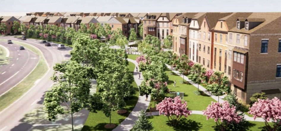 Rendering of K. Hovnanian's proposed Lincoln Park townhouses facing a tree-lined park and path along EDS Drive near Centreville Road in the Herndon area