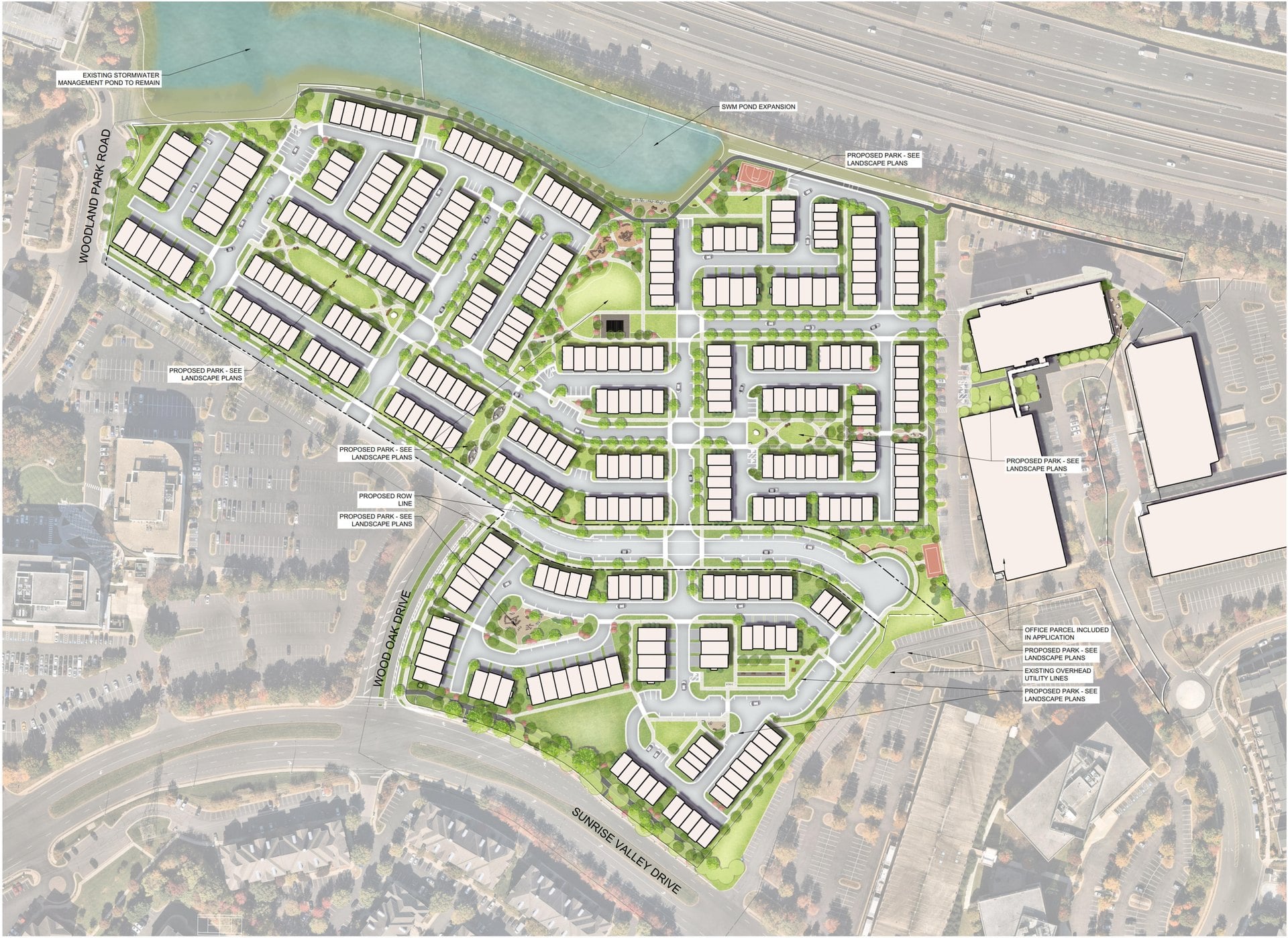 Illustrative site plan for Parkline at Woodland Park showing townhouses and small parks between Sunrise Valley Drive and the Dulles Toll Road in Herndon