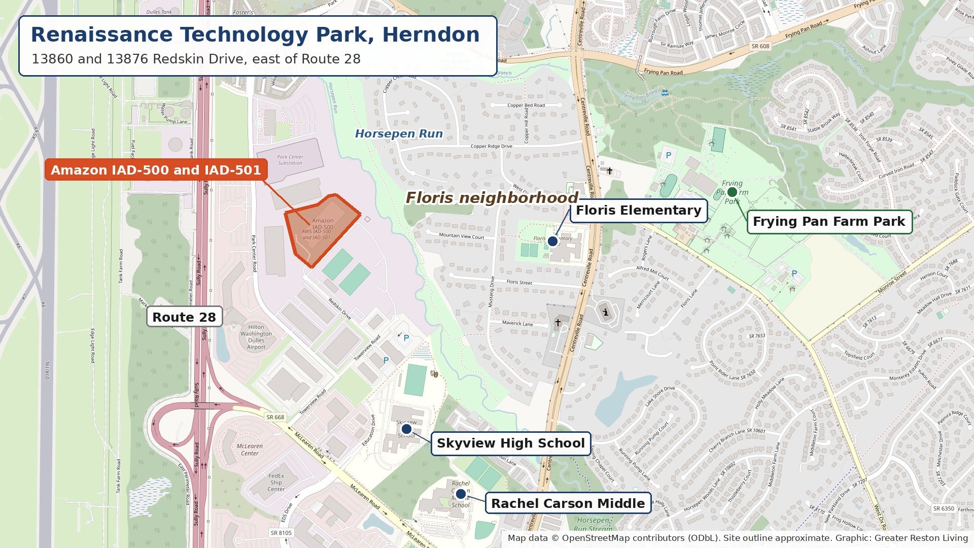 Map of Renaissance Technology Park in Herndon showing the Amazon IAD-500 and IAD-501 site east of Route 28, with Skyview High School, Floris Elementary, Rachel Carson Middle School and the Floris neighborhood nearby