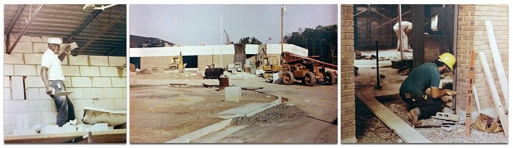 Three photos of Armstrong Elementary School under construction in 1986, showing block walls, heavy equipment and a worker laying brick
