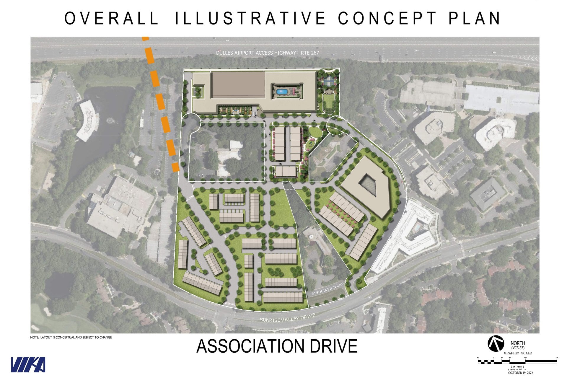 2022 illustrative concept plan for Association Drive in Reston, VA showing townhome rows and larger buildings along the Dulles Toll Road