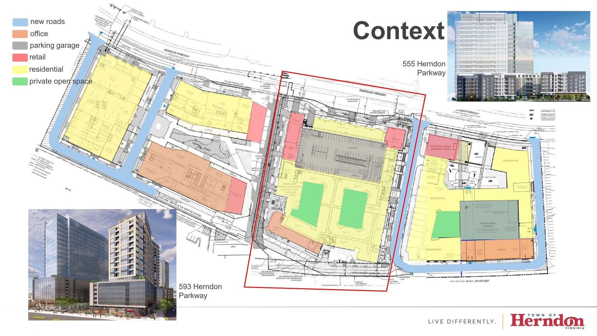 Town of Herndon context slide showing the 575 Herndon Parkway site outlined in red between the 555 Herndon Parkway and 593 Herndon Parkway projects, with land uses color coded