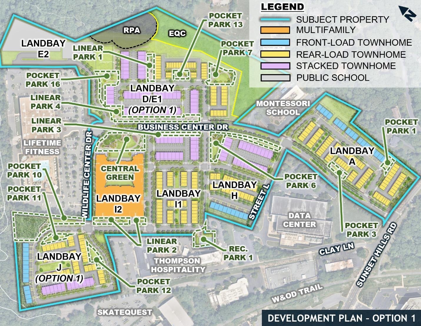 EYA Option 1 site layout for Lake Fairfax Business Center in Reston showing landbays, parks, the existing data center, Business Center Drive and Sunset Hills Road