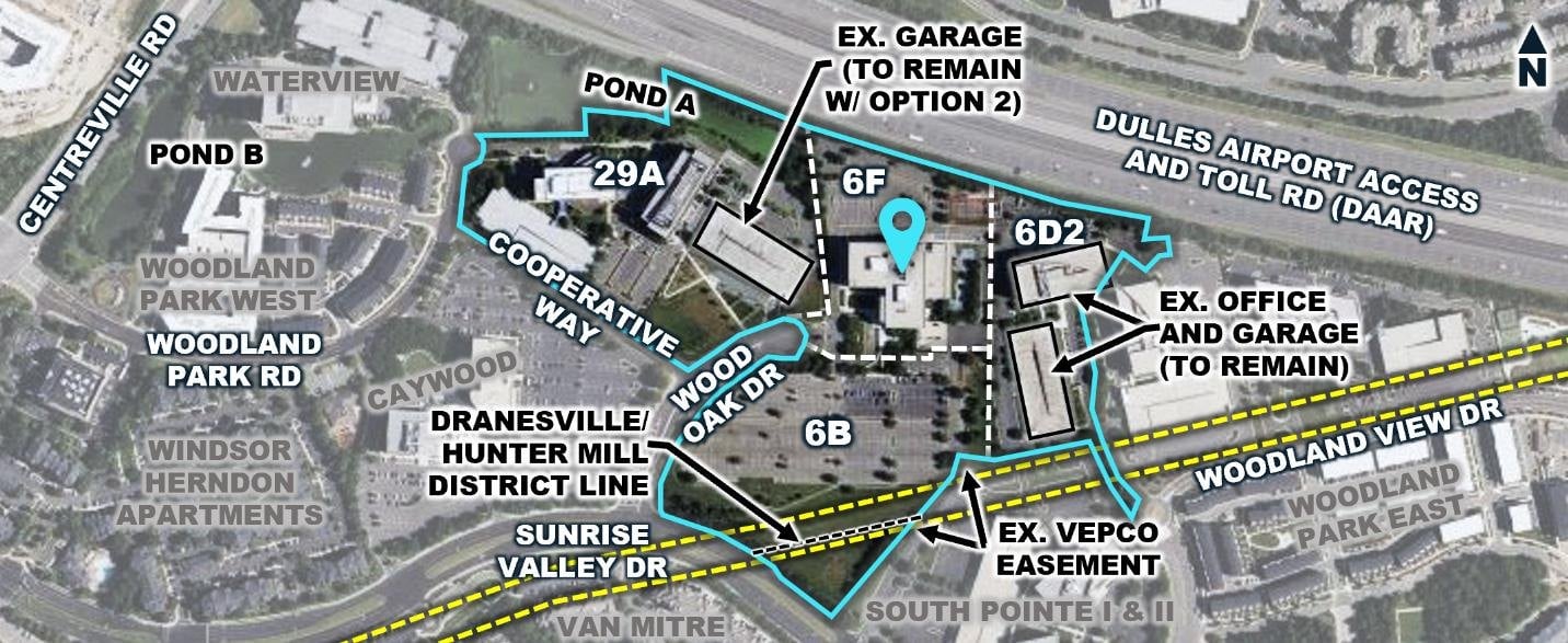 Aerial map of the 34.47-acre Woodland Park site showing parcels 29A, 6B, 6F and 6D2, Wood Oak Drive, Sunrise Valley Drive and the Dulles Toll Road