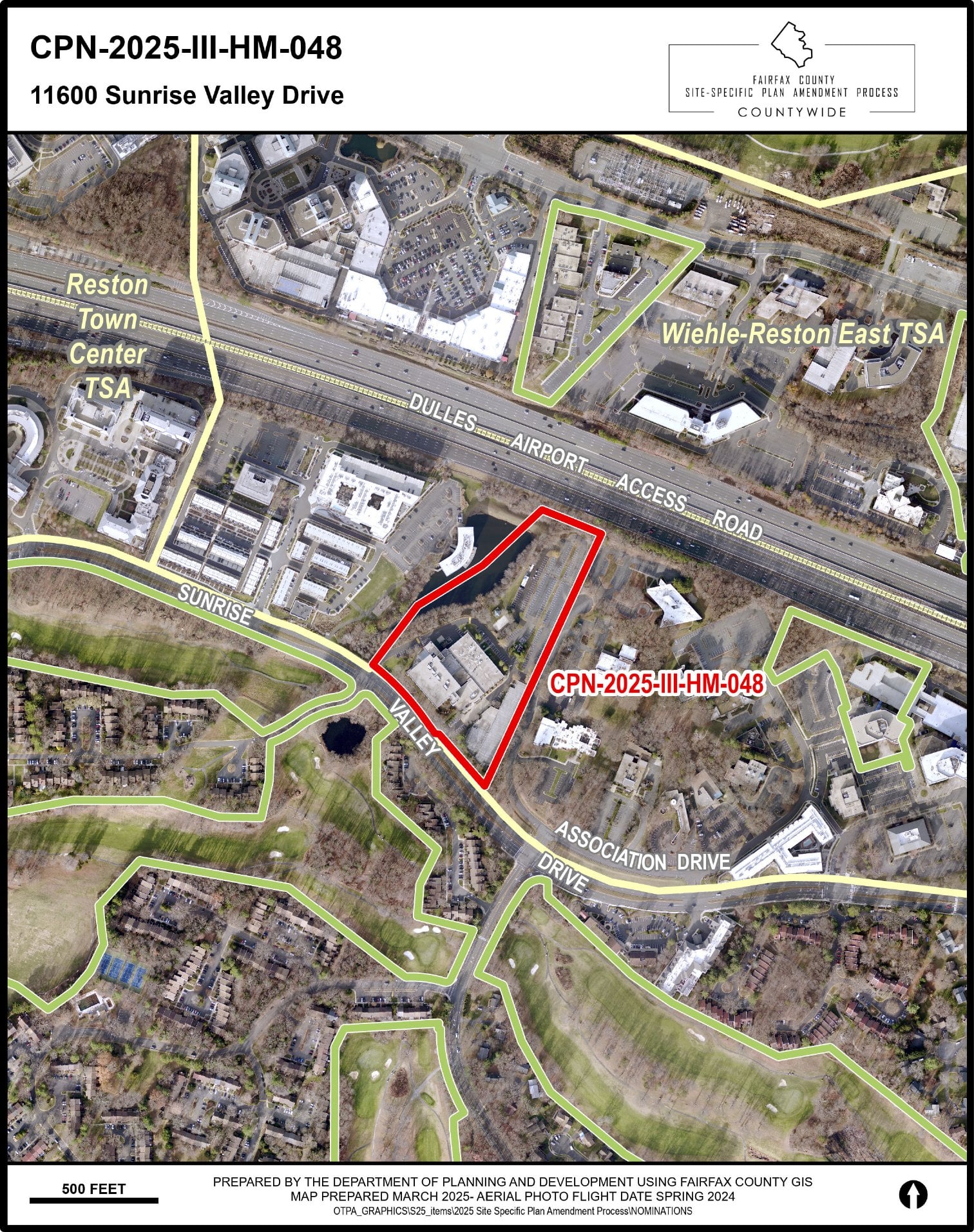 Fairfax County aerial map outlining 11600 Sunrise Valley Drive in Reston between Association Drive and Roland Clarke Place