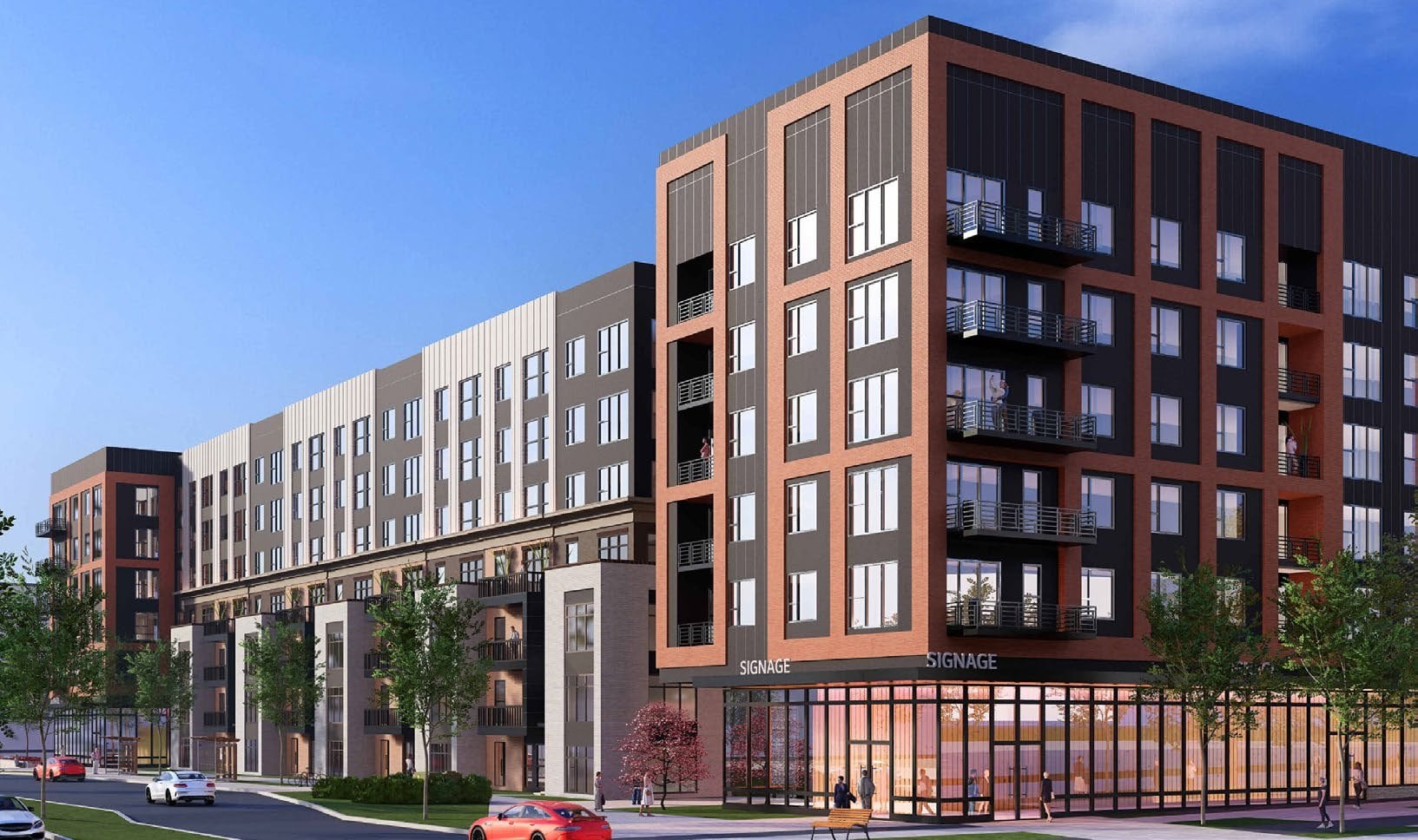Rendering of a corner of the approved 575 Herndon Parkway apartment building in Herndon, Virginia, with glass storefronts at street level