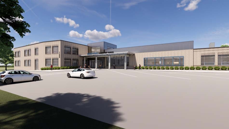 Architectural rendering of the renovated two-story front entrance of Armstrong Elementary School in Reston, Virginia