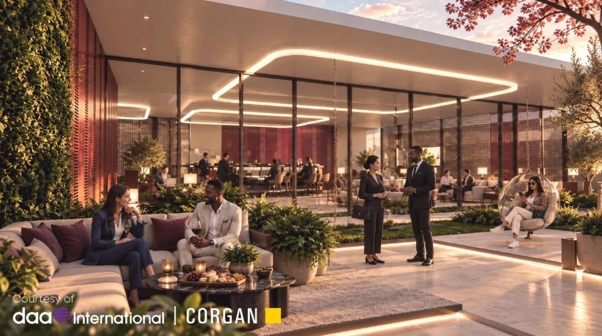 Conceptual rendering of an outdoor garden terrace at the planned Dulles Airport VIP terminal