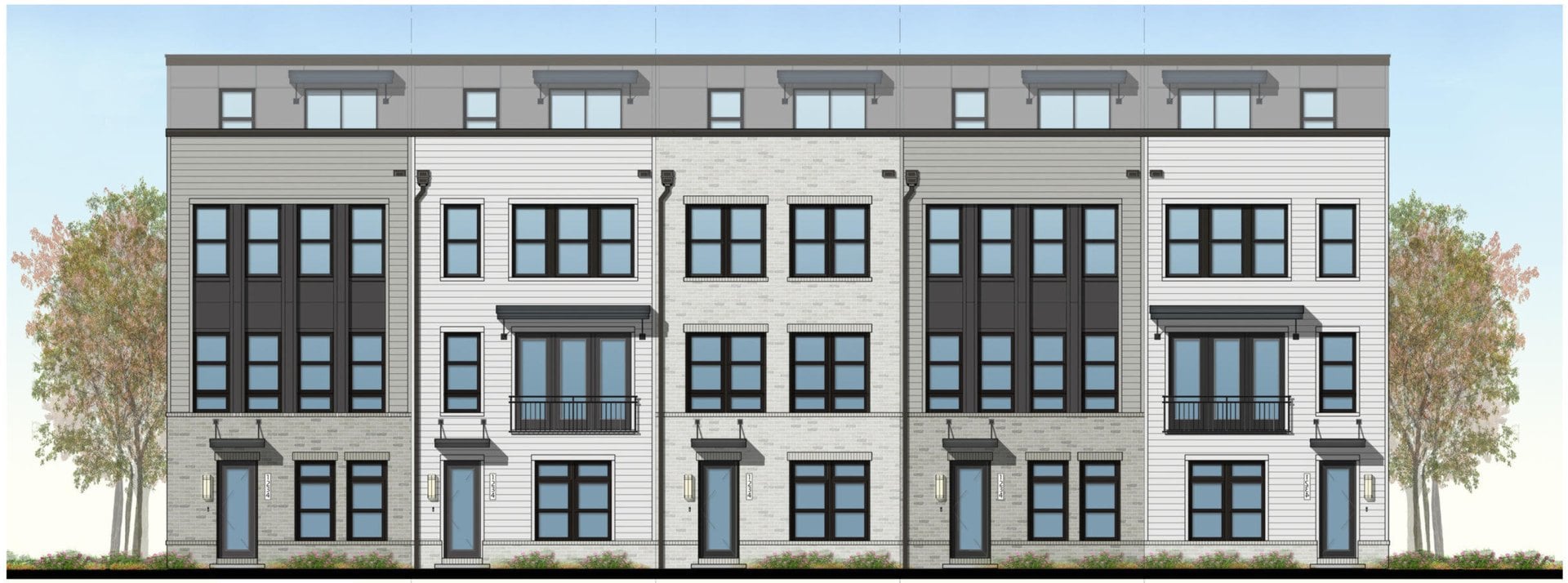 Conceptual front elevation of a row of brick and siding townhouses with rooftop levels proposed at Parkline at Woodland Park