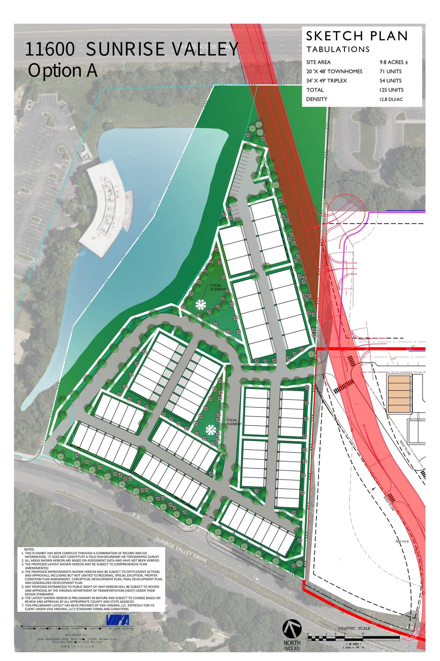 Option A sketch plan for 11600 Sunrise Valley Drive in Reston showing 71 townhomes and 54 triplex units around a stormwater pond