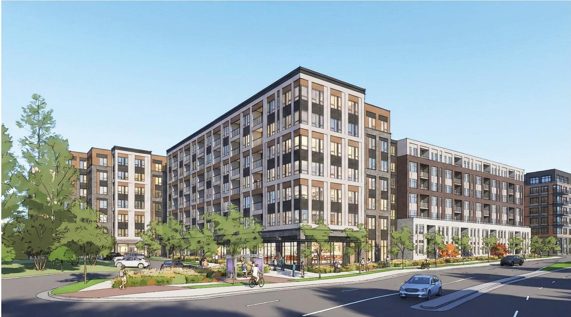 Rendering of the proposed seven-story apartment building at 535 Herndon Parkway in Herndon, Virginia, seen from the northeast corner