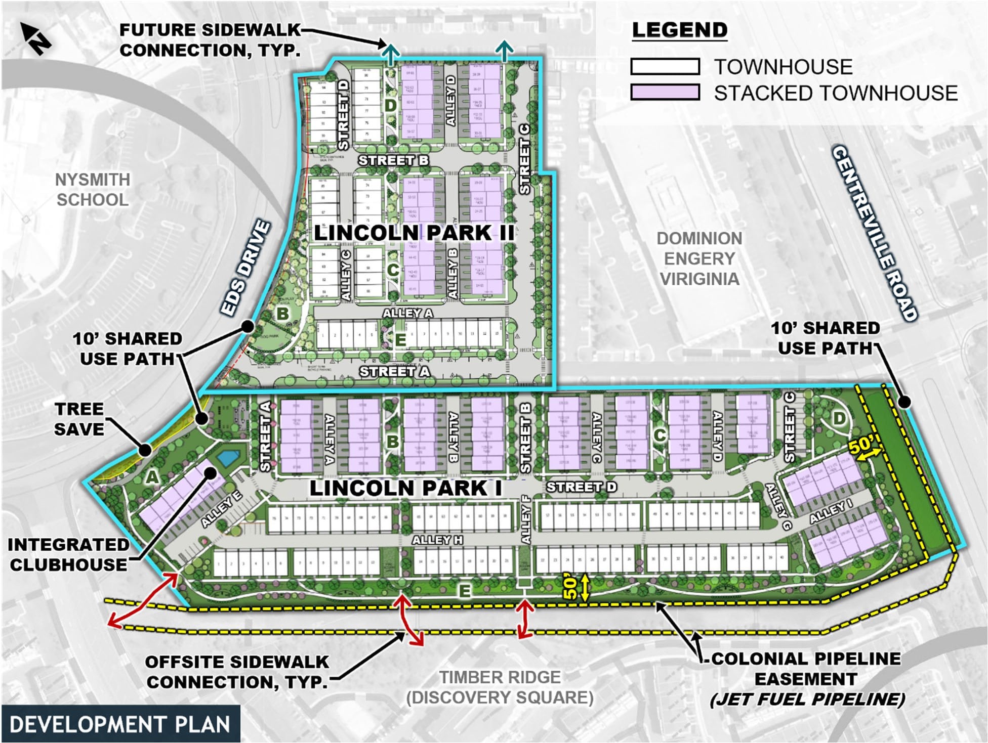 Site plan of Lincoln Park I and Lincoln Park II showing townhouses and stacked townhouses between EDS Drive and Centreville Road