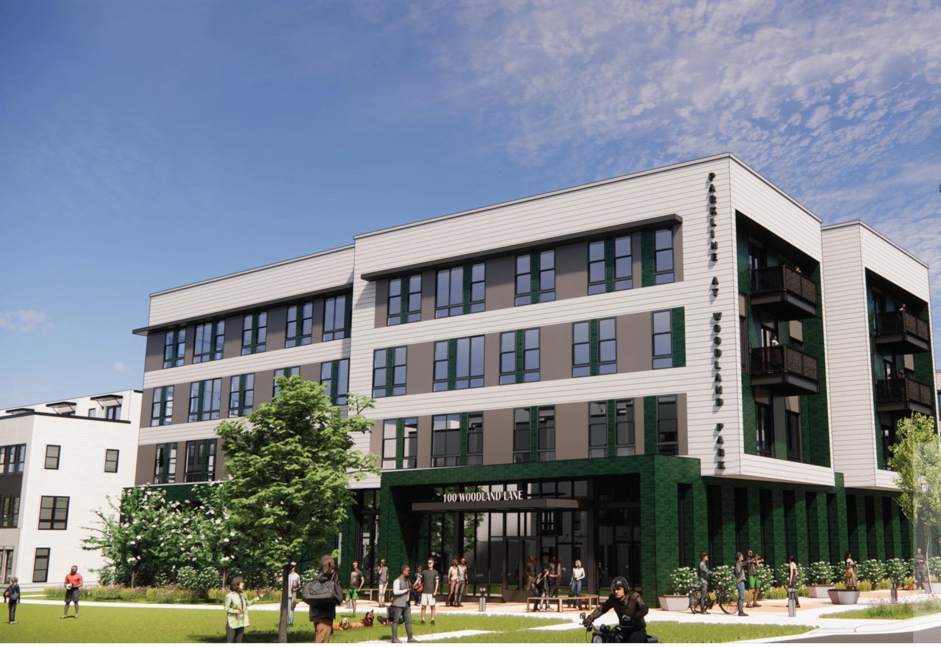 Rendering of a four-story apartment building with green tile at the base, proposed only under Option 2 at Parkline at Woodland Park