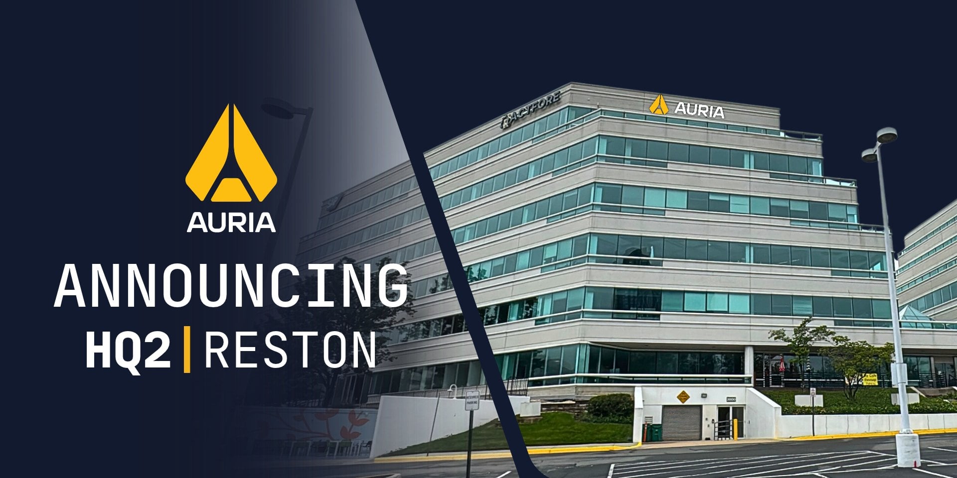 Auria's announcement graphic showing the Summit I office building at 2000 Edmund Halley Drive in Reston with a rendering of the Auria sign