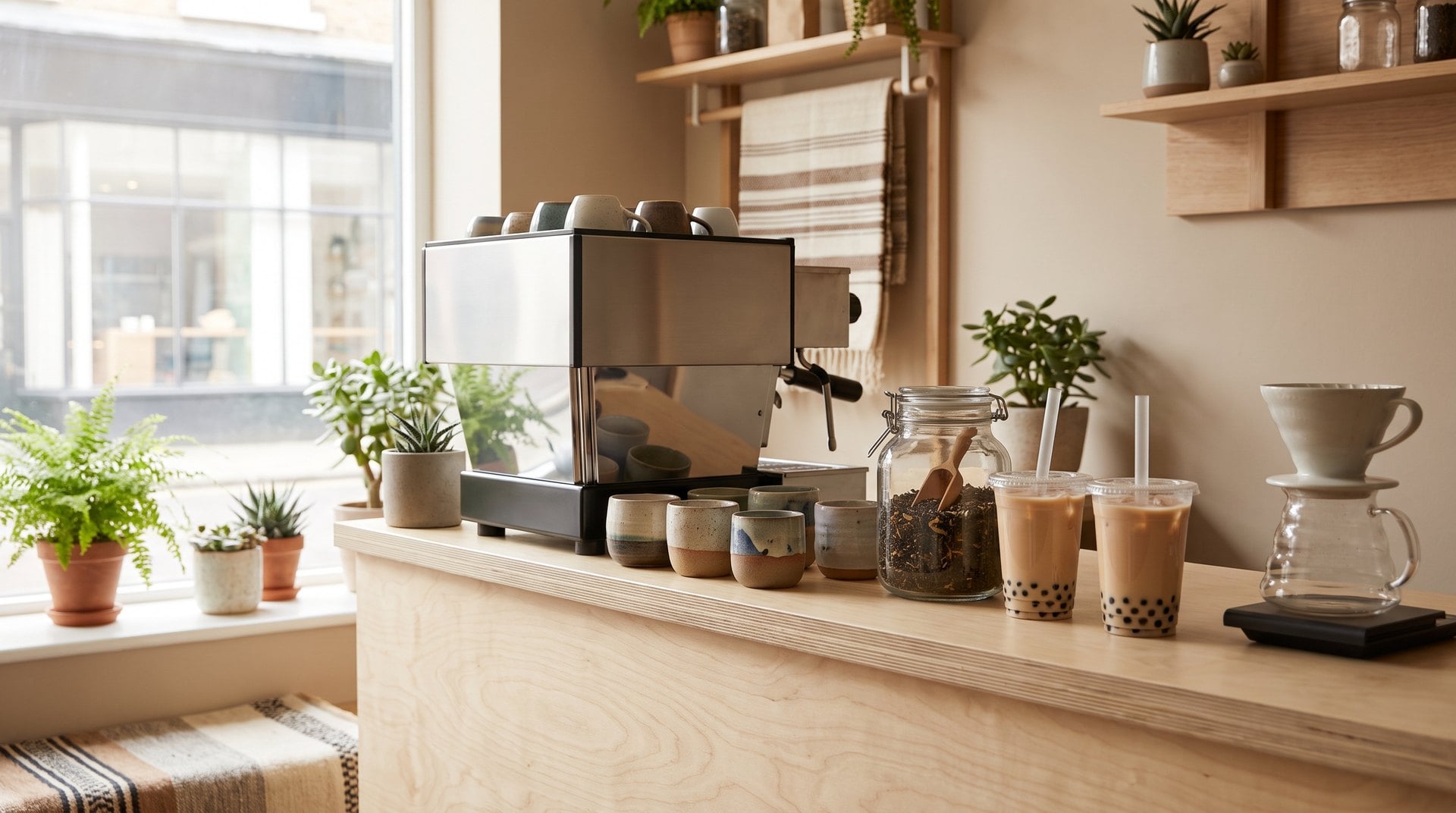 Illustration of a coffee and tea counter with an espresso machine, ceramic cups, loose-leaf tea and two iced milk teas