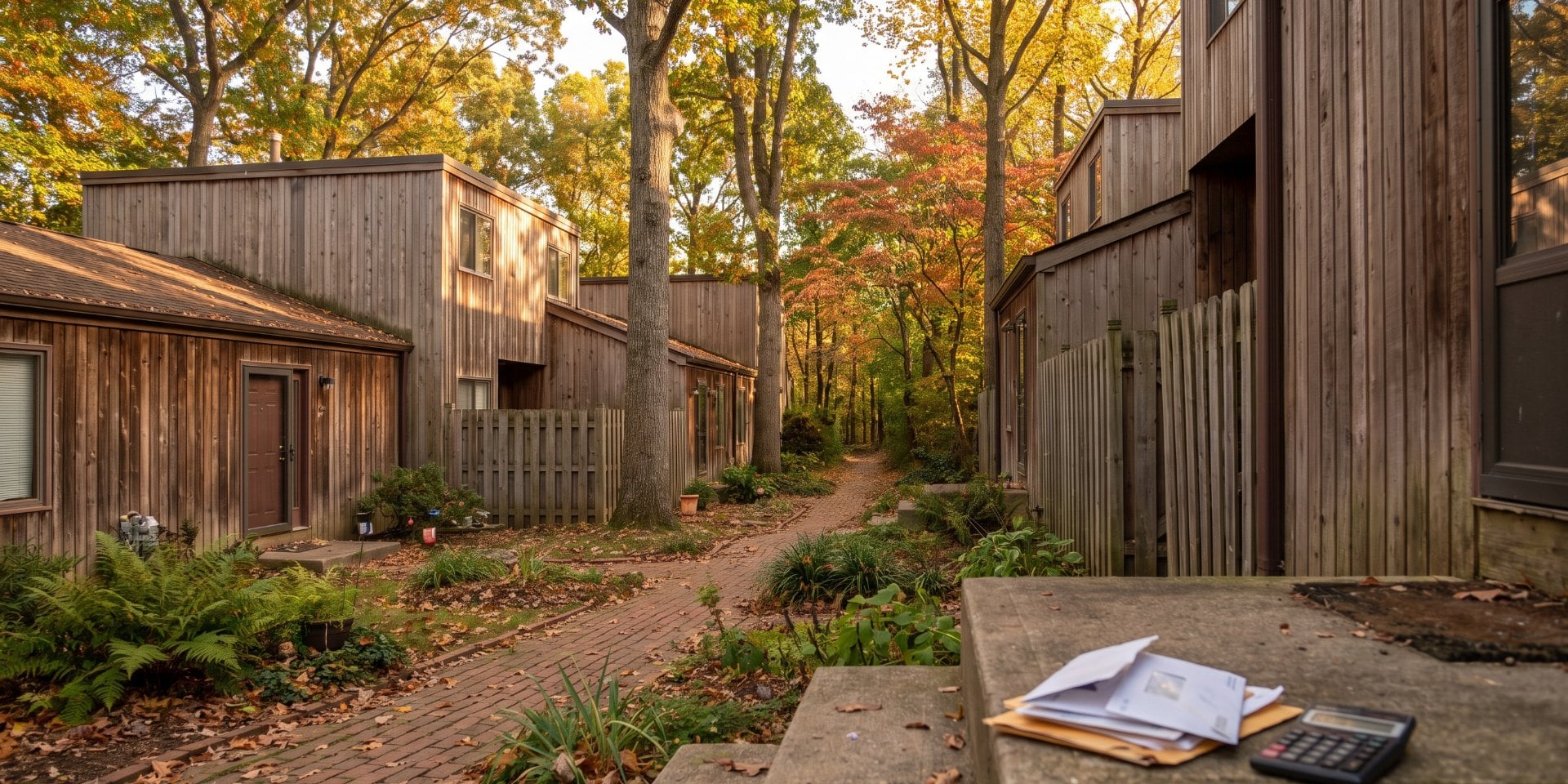 Row of cedar-sided Reston cluster townhouses along a brick path under autumn trees, with a stack of household bills and a calculator on a front step