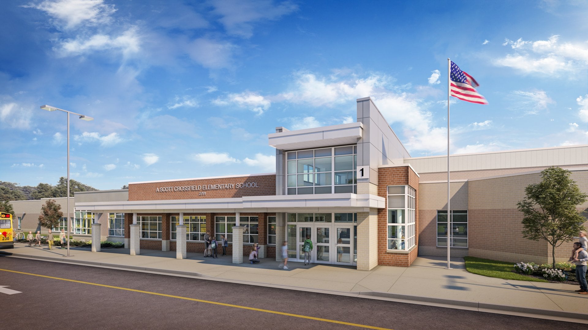 Architect's rendering of the renovated front entrance of A. Scott Crossfield Elementary School on Fox Mill Road in Herndon, Virginia