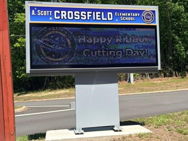 The A. Scott Crossfield Elementary School sign on Fox Mill Road in Herndon, Virginia