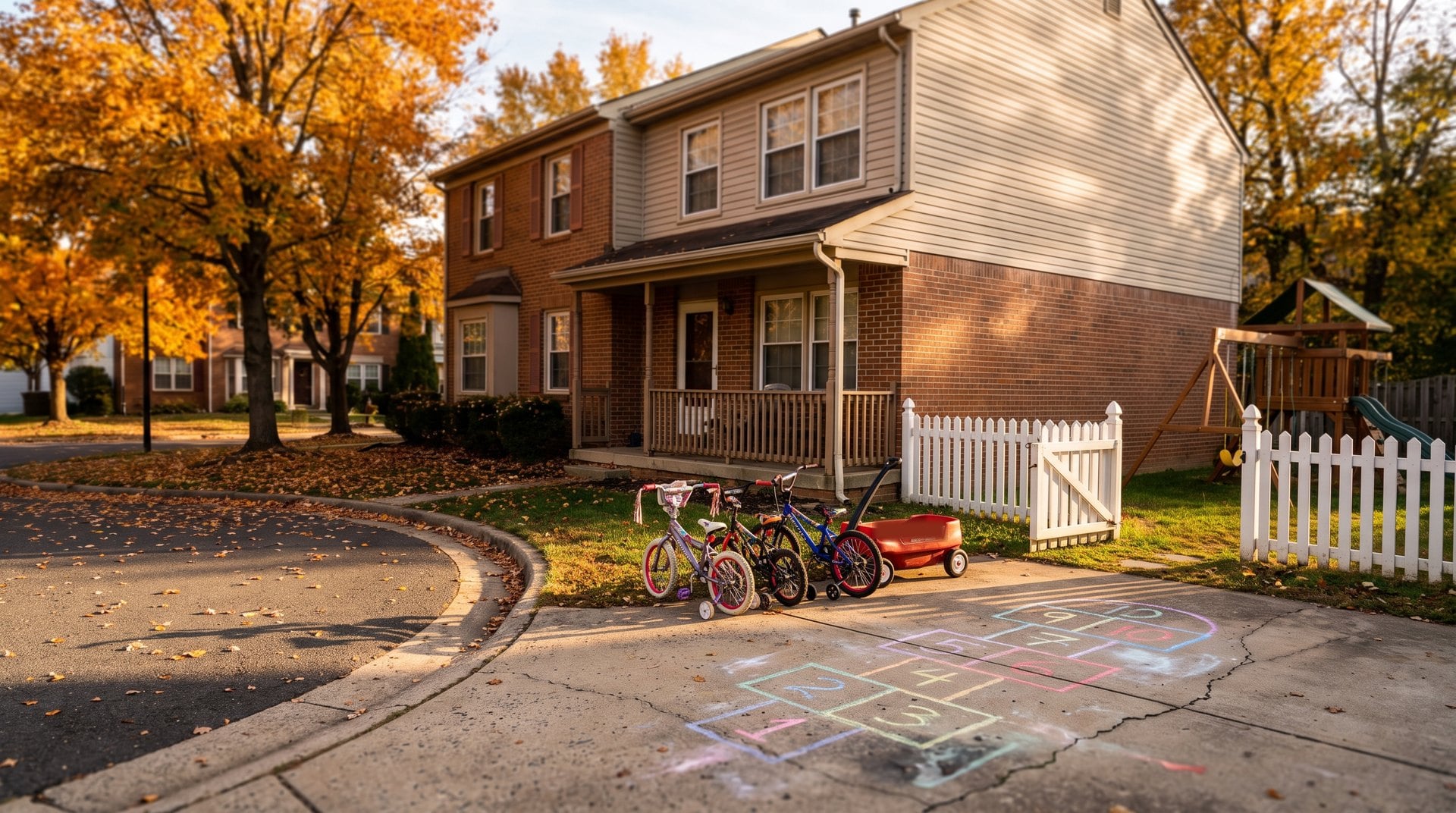 Illustration of a brick townhouse porch on a cul-de-sac with three small bikes, a red wagon and a chalk hopscotch grid on the driveway