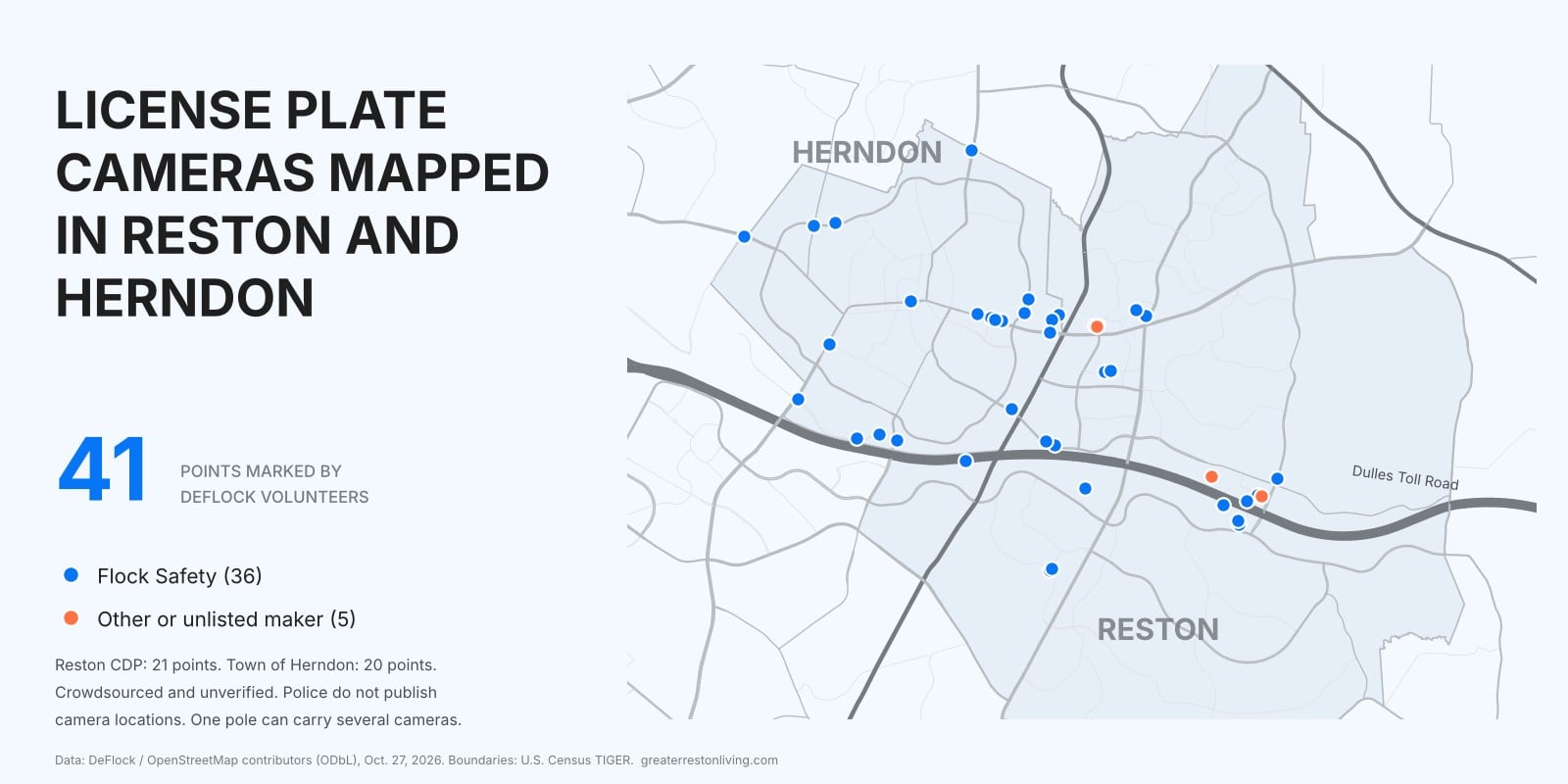 Map of 41 license plate reader camera points that DeFlock volunteers have marked in Reston and the Town of Herndon, Virginia, 36 of them Flock Safety cameras