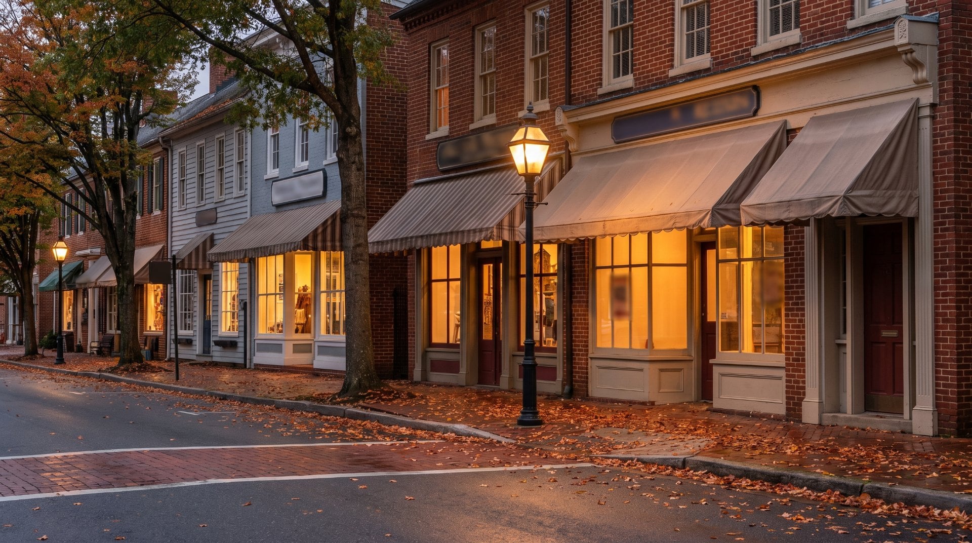 Row of brick and clapboard storefronts with lit windows and fallen leaves on an autumn evening in a small Virginia downtown