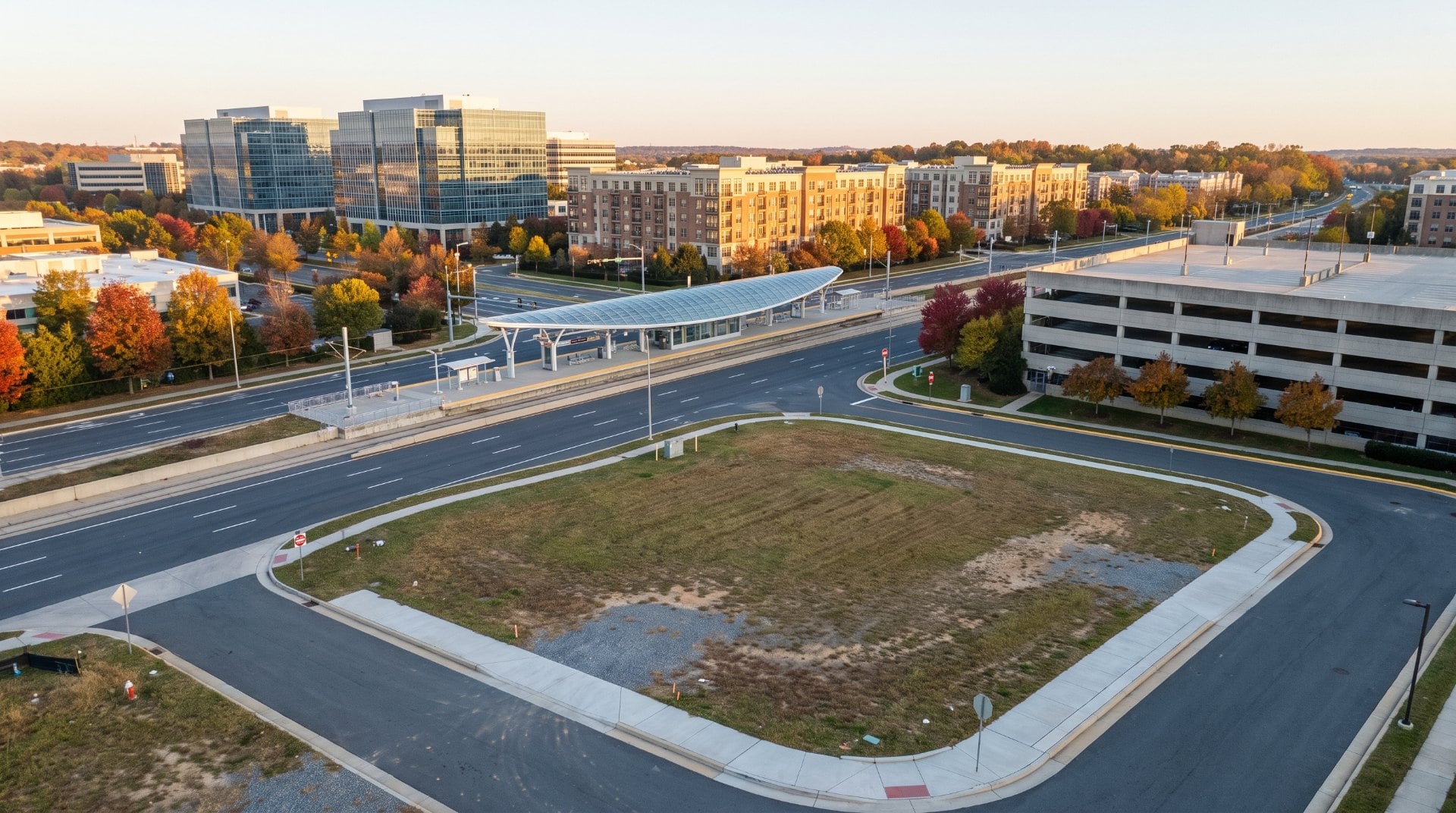 Illustration of a vacant lot beside a Metro station and parking garage, representing the Innovation Center affordable housing site in Herndon, Virginia