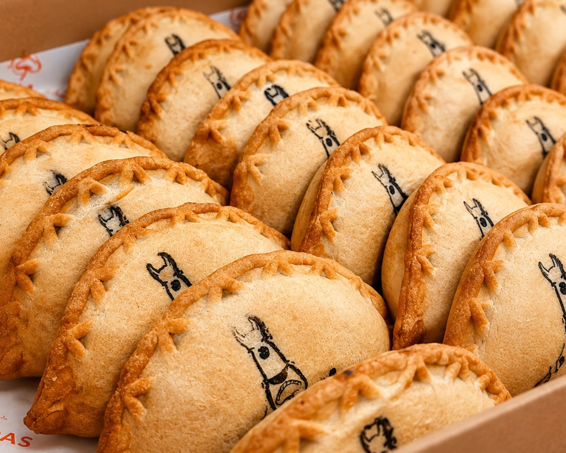 Rows of golden baked empanadas stamped with a black llama in a takeout box from Mpanadas