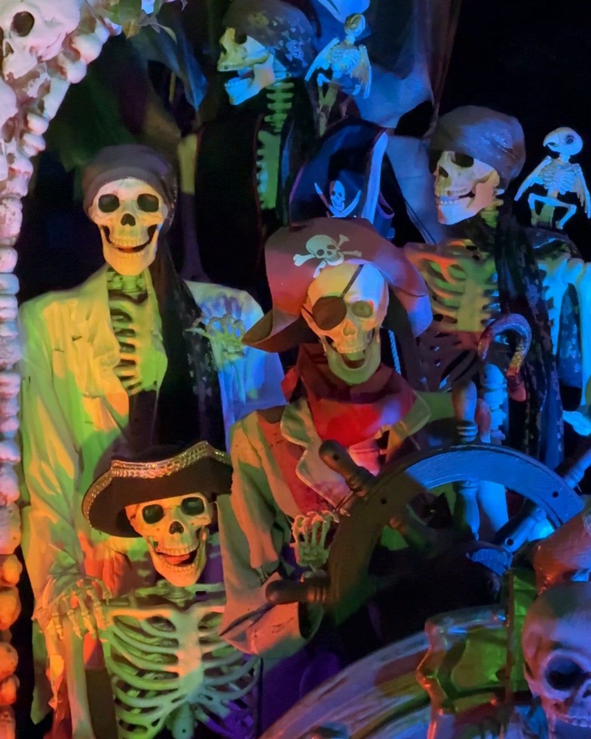 Pirate skeletons crowded around a ship's wheel at the Historic Herndon Halloween House in Herndon