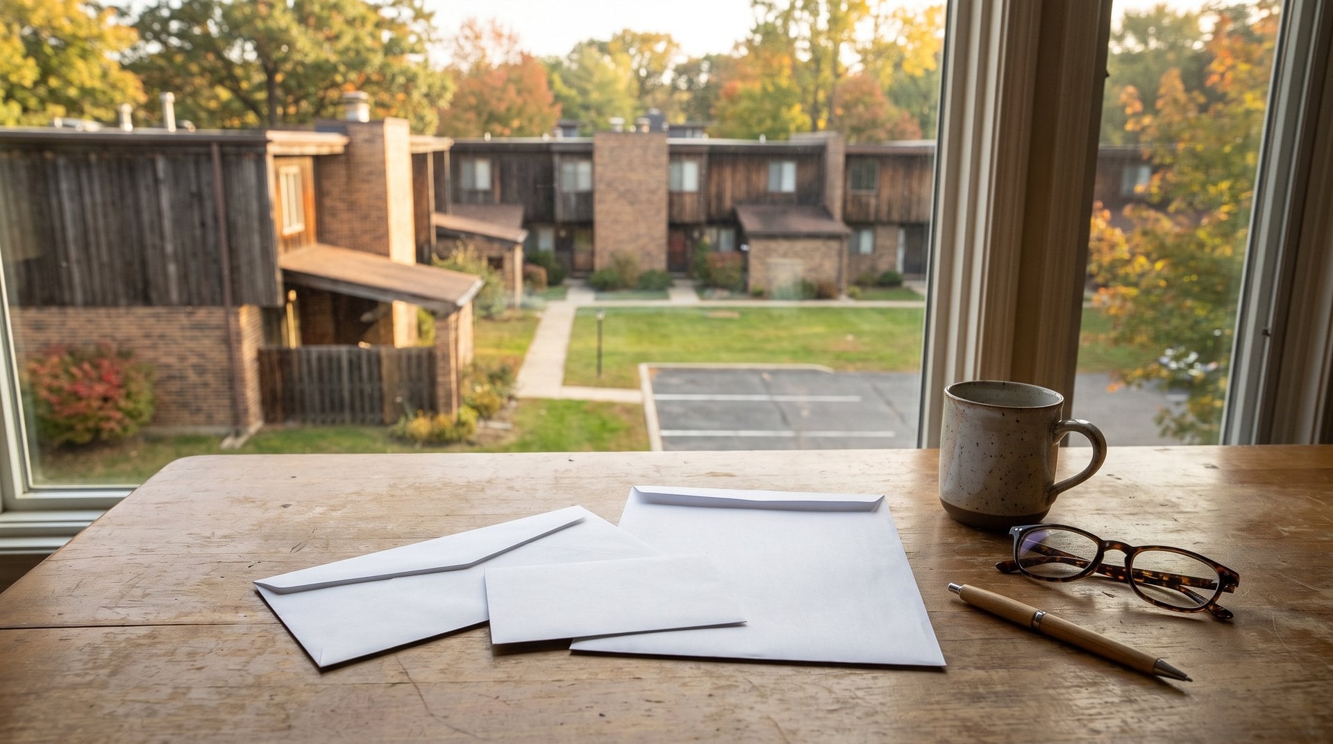 Three blank envelopes and a coffee mug on a kitchen table, with a cluster of 1970s wood and brick townhouses outside the window