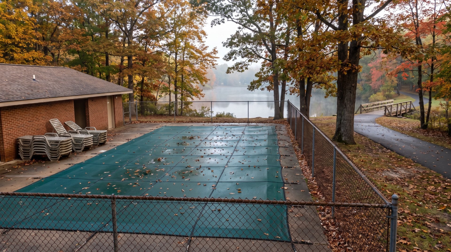 Illustration of a covered community pool in autumn with a lake path and footbridge beyond, representing Reston Association amenities