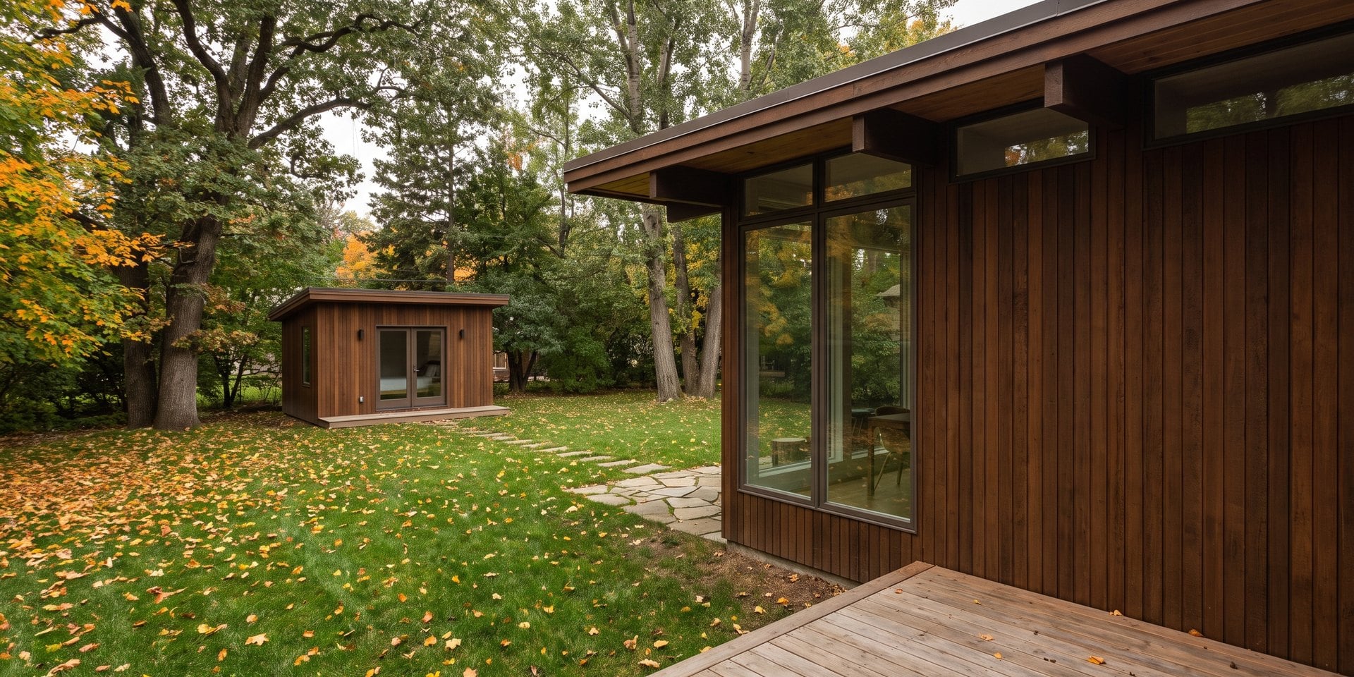 A small cedar-sided backyard cottage at the end of a flagstone path behind a contemporary wooded-lot home in early autumn