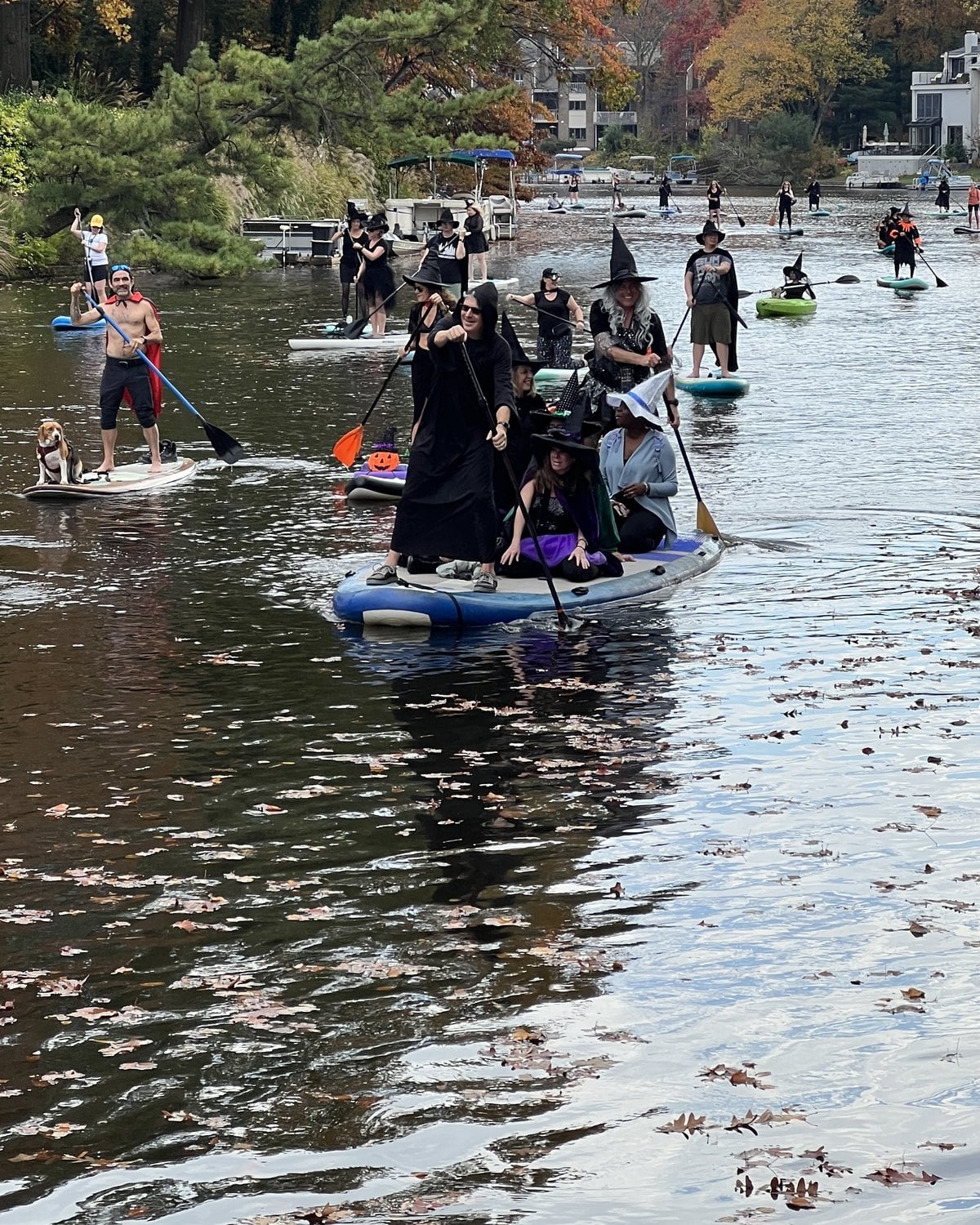 Paddlers dressed as witches on stand-up paddleboards on Lake Anne in Reston in the fall