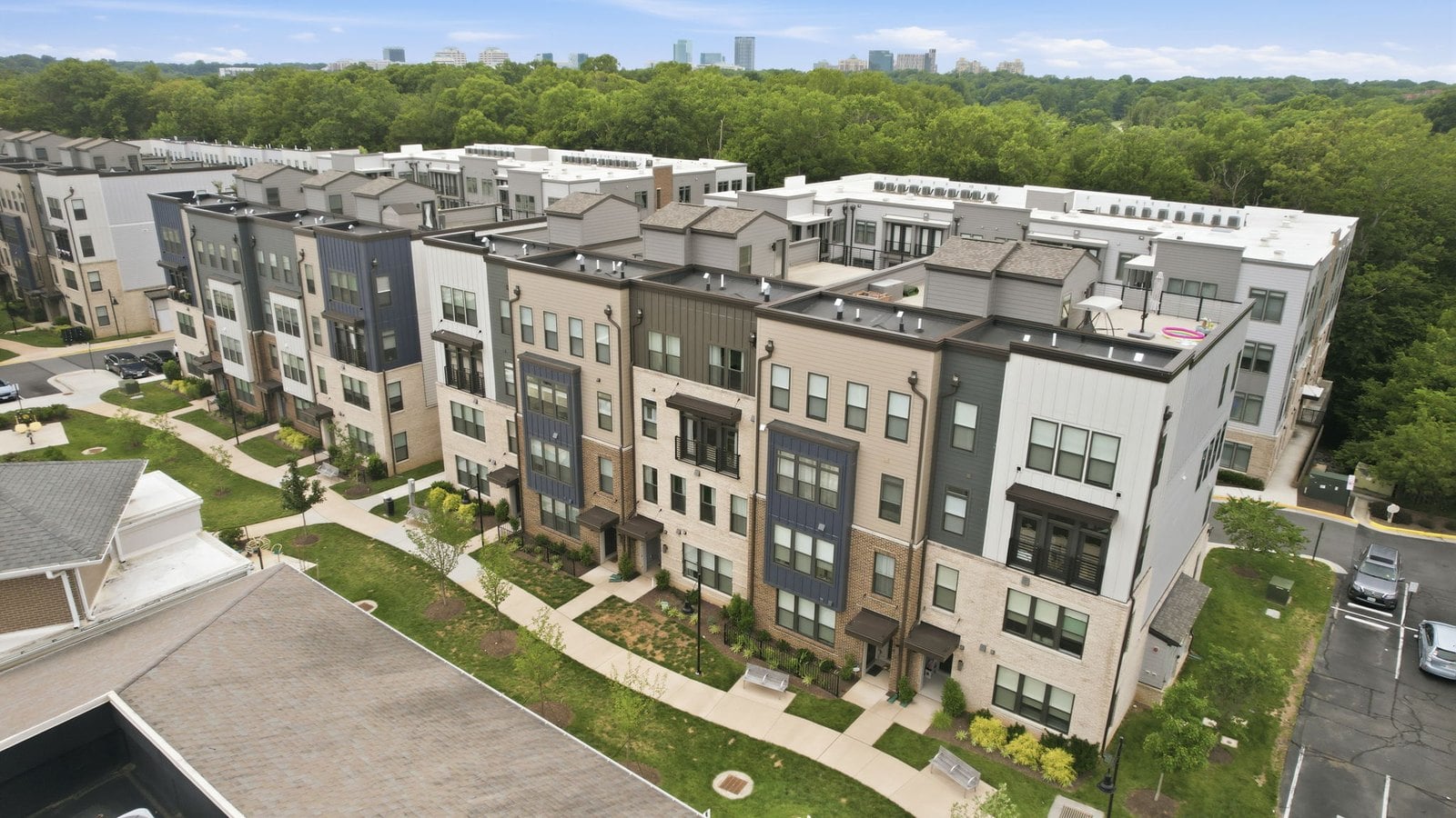 Aerial view of the newer townhouses along Bandit Loop in Tall Oaks, Reston