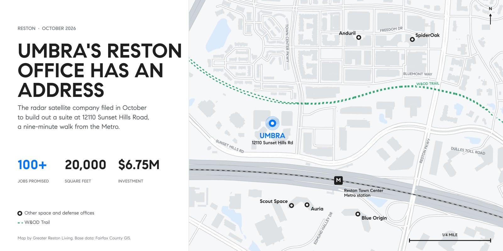 Map of 12110 Sunset Hills Road in Reston showing Umbra's office location near the Reston Town Center Metro station, with Auria, Scout Space, Blue Origin, Anduril and SpiderOak nearby