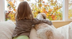 Young girl and dog on their back while staring outside