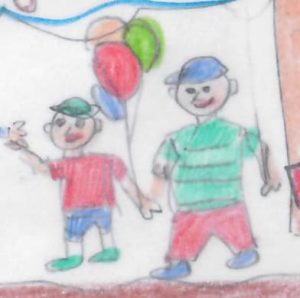 Drawing of two kids holding a balloon