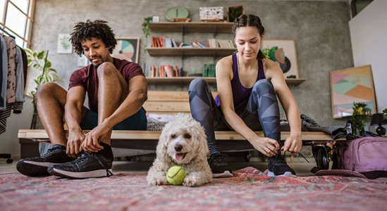 Young couple doing there shoe lace while dog playing with tennis ball
