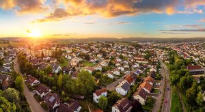 Aerial panorama of a small town at sunrise