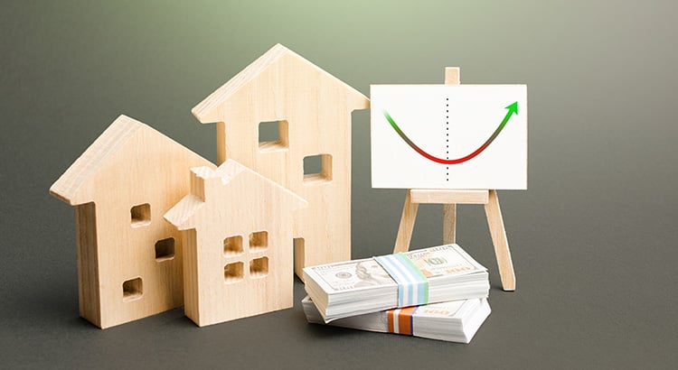 Figures of residential buildings and an easel with real estate market recovery trend chart. Value and cost. Increased interest and demand for housing after price reduction. Investment revitalization