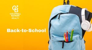 Backpack with school supplies. Image has the words Back-to-School
