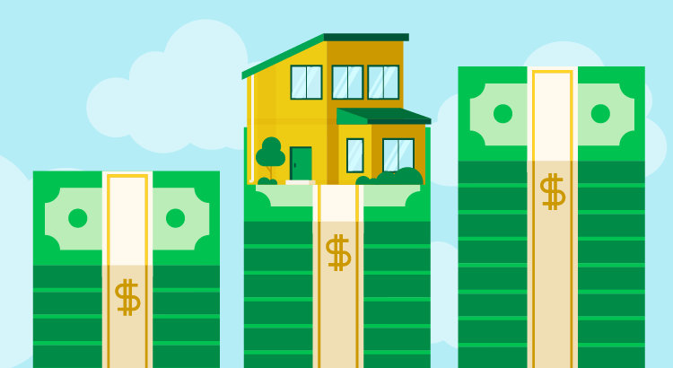 Cartoon graphic of a home on top of stacks of cash