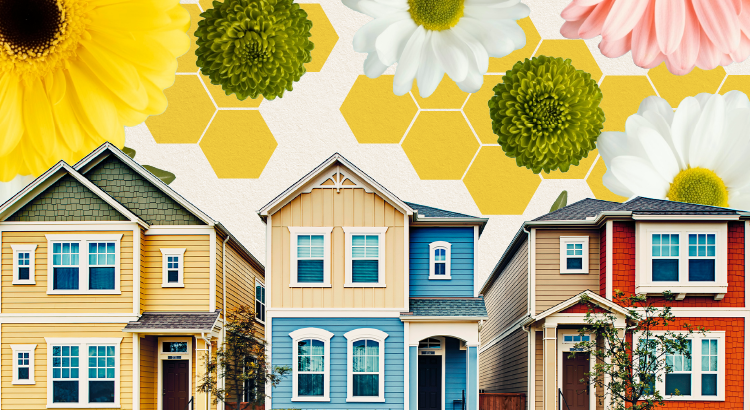 Graphic depicting a home and spring flowers