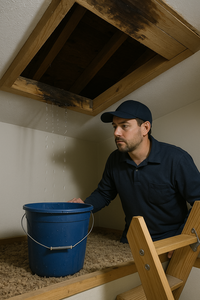 Inspector opens attic hatch to discover leaky roof
